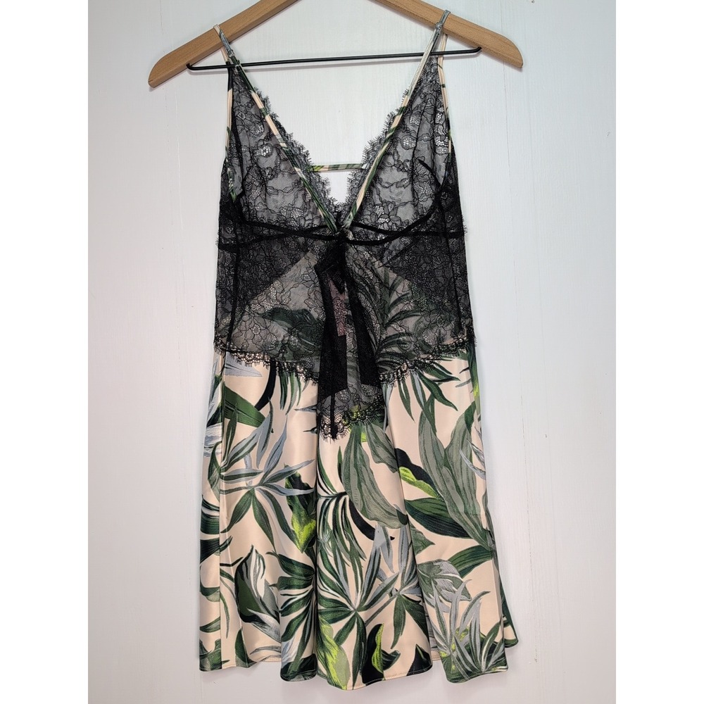 Victorias Secret Tropical Palm Leaf Lace Trim Slip Dress Chemise Green Black L - Picture 2 of 10